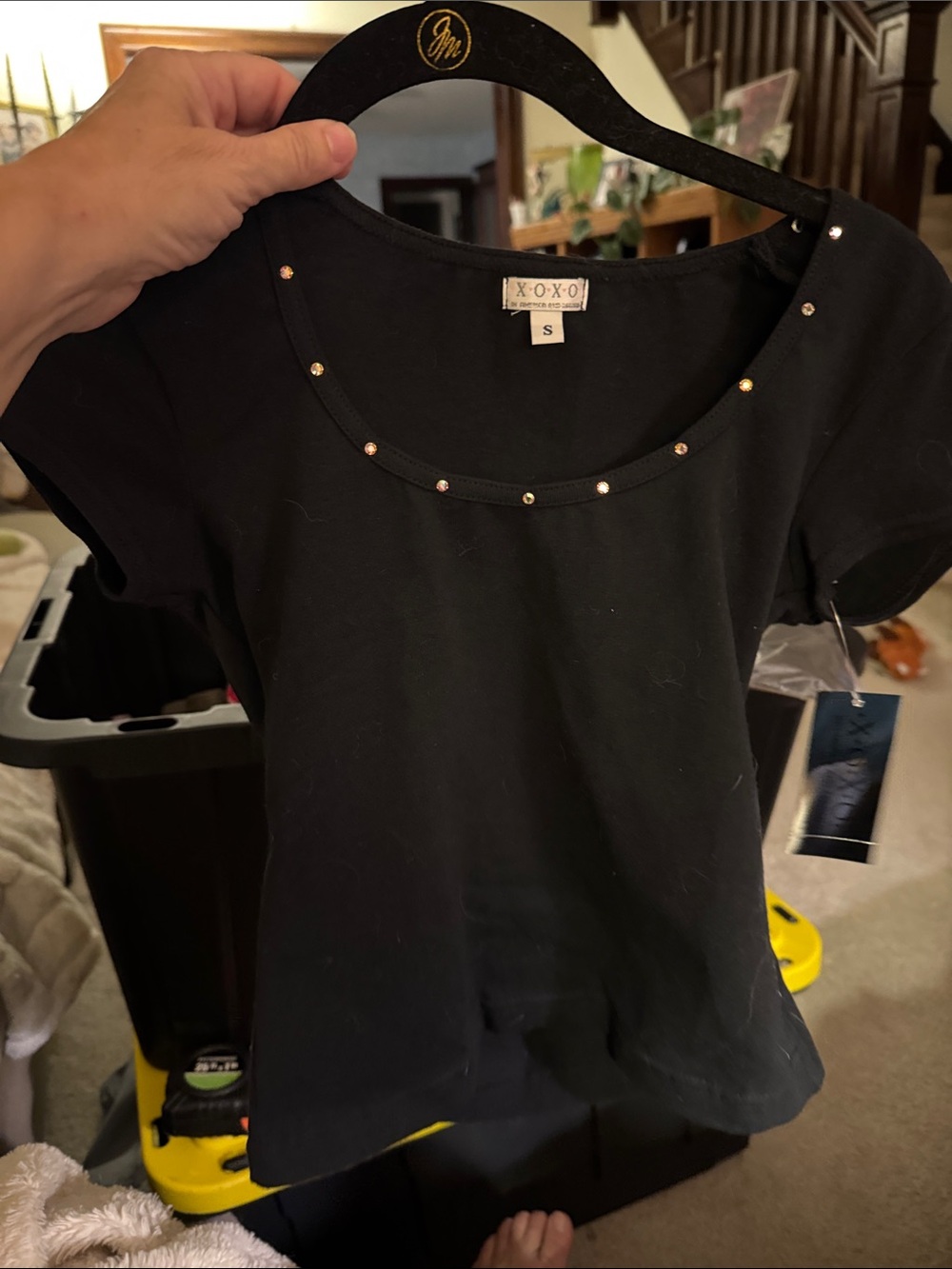 XOXO Black Short Sleeve Scoop Neck Tee with Tiny Stud Accents